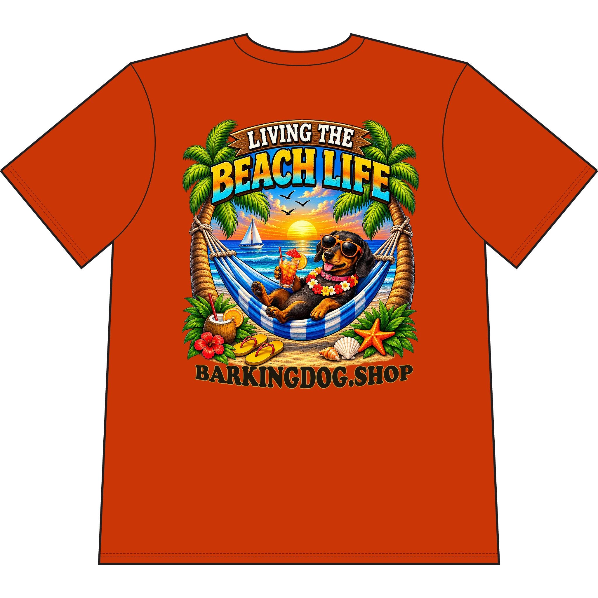Dachshund Beach Life Canine T Shirt Beach Collection Living the Beach Life Tropical Graphic Tee Wag On BarkingDog Shop