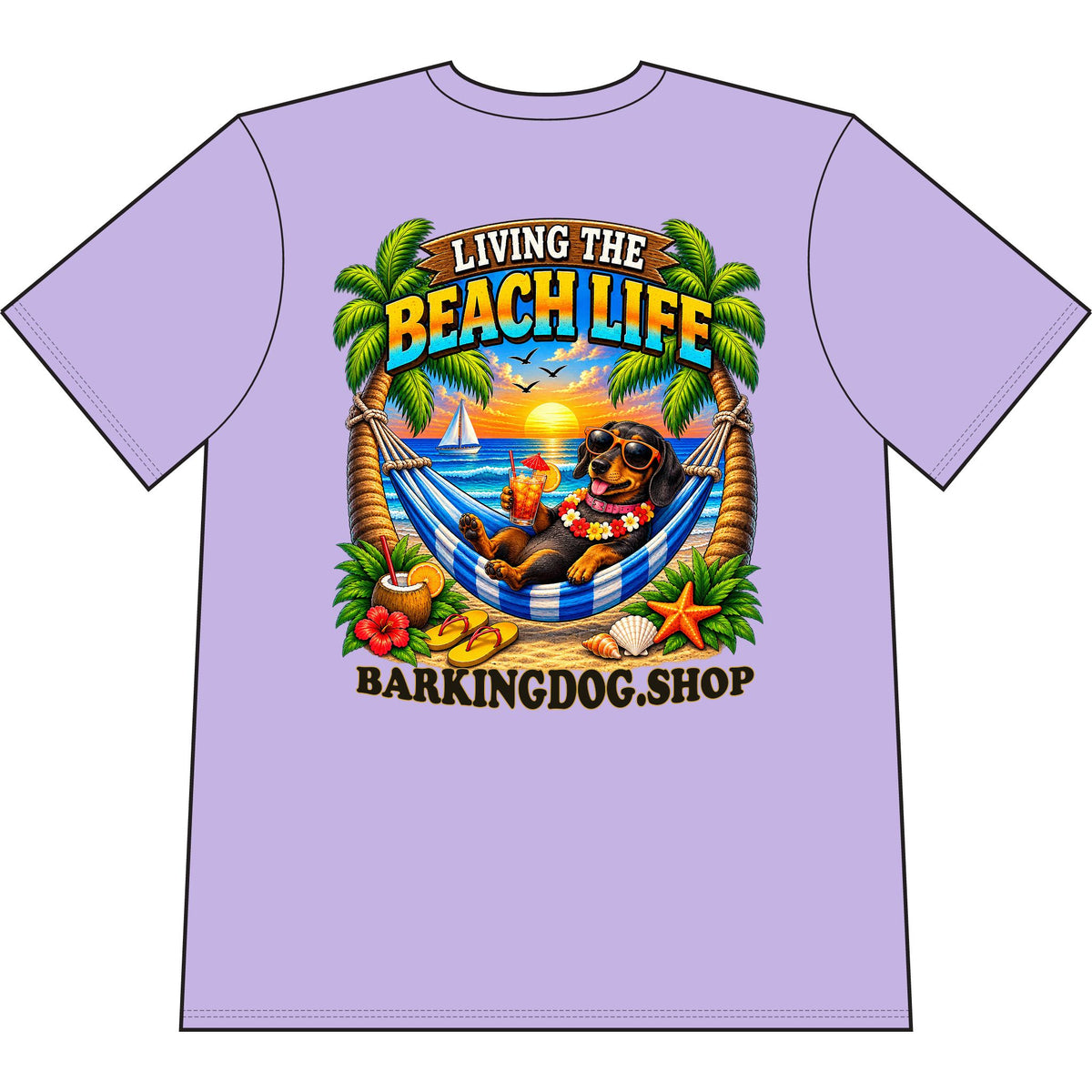 Dachshund Beach Life Canine T Shirt Beach Collection Living the Beach Life Tropical Graphic Tee Wag On BarkingDog Shop