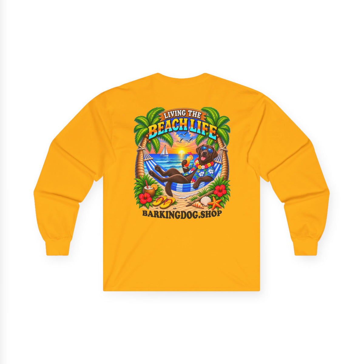 Chocolate Labrador Beach Life Canine Long Sleeve T Shirt Beach Collection Hammock Tropical Dog Graphic Tee Wag On BarkingDog Shop
