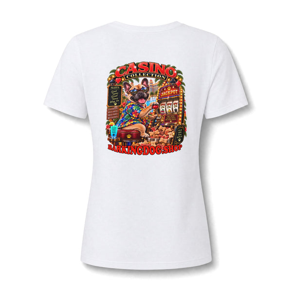 French Bulldog Slots Womens V Neck T Shirt Casino Collection Funny Casino Dog Graphic Tee Wag On BarkingDog Shop