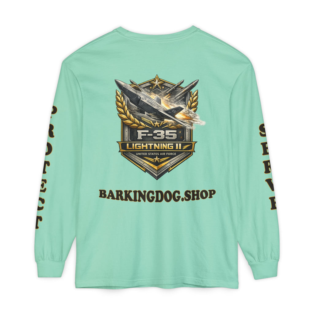 F-35 Lightning II Long Sleeve Tee — Barking Dog 'Wag On' Military Air Force Tribute