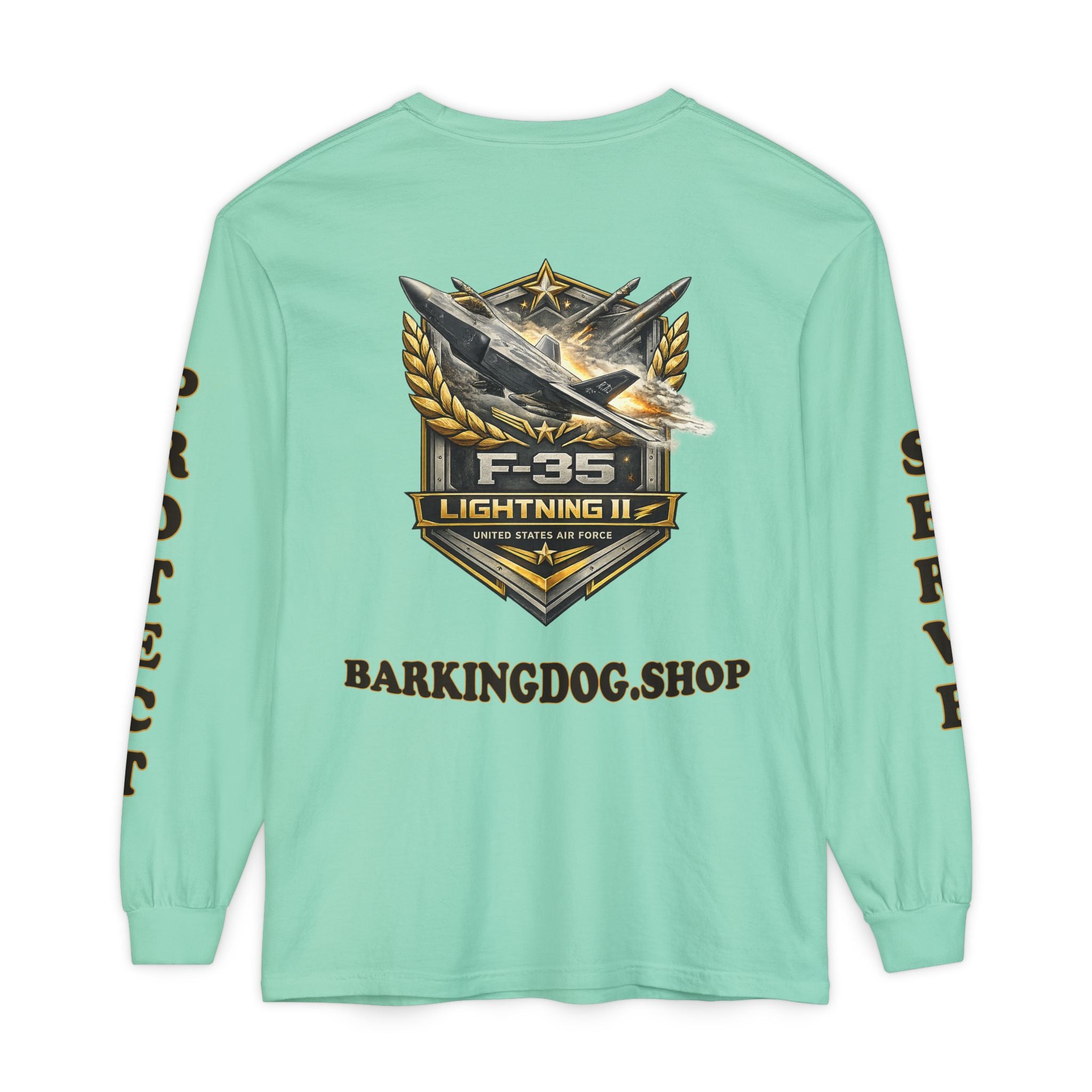 F-35 Lightning II Long Sleeve Tee — Barking Dog 'Wag On' Military Air Force Tribute