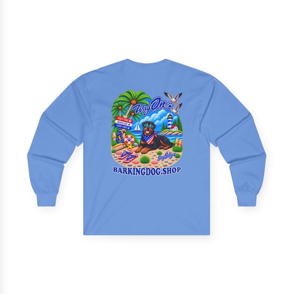 Rottweiler Stay Salty Pup Long Sleeve T Shirt Beach Collection Coastal Dog Graphic Tee Wag On BarkingDog Shop