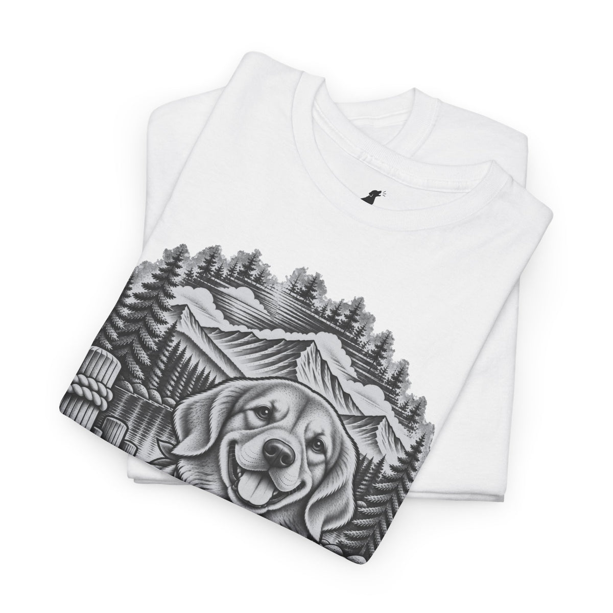 Golden Retriever Mountain Lake Wildlife Woodcut Tee White Outdoor Canine Graphic T-Shirt BarkingDog Shop