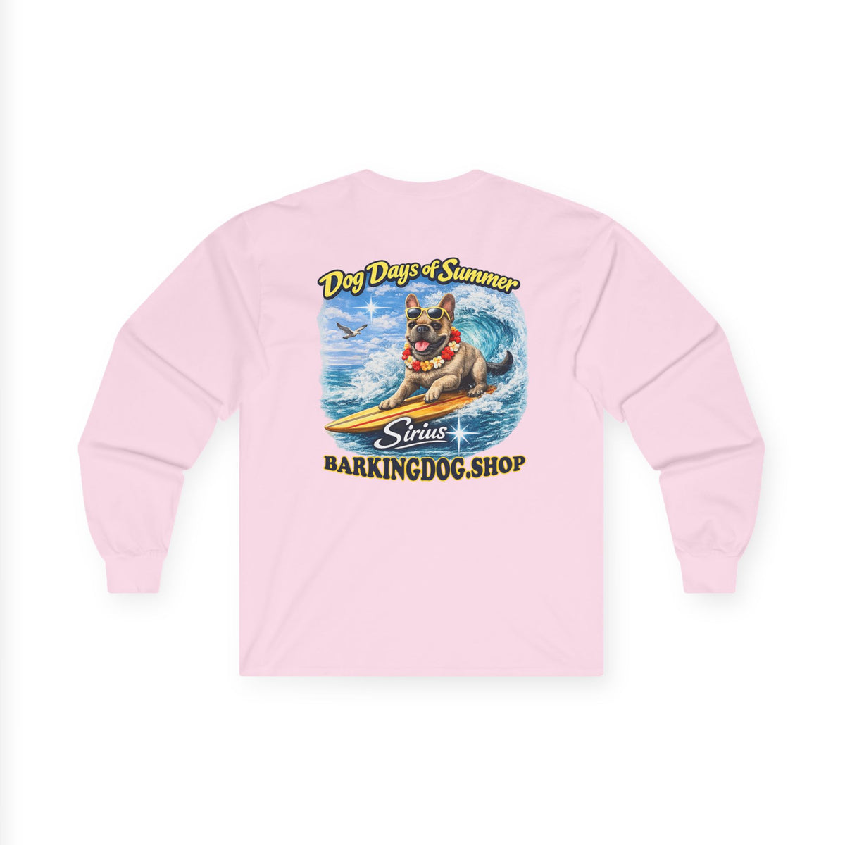 French Bulldog Dog Days of Summer Surfboard Long Sleeve T Shirt Beach Collection Surfing Dog Graphic Tee Wag On BarkingDog Shop