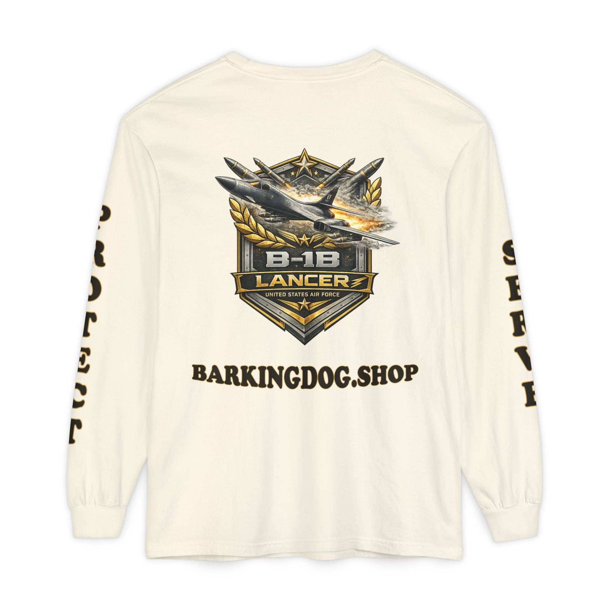 B-1B Lancer Long Sleeve Tee — Barking Dog 'Wag On' Military Air Force Tribute