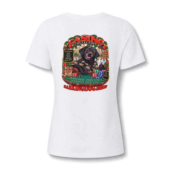 Black Labrador Black Jack Womens V Neck T Shirt Casino Collection Funny Casino Dog Graphic Tee Wag On BarkingDog Shop