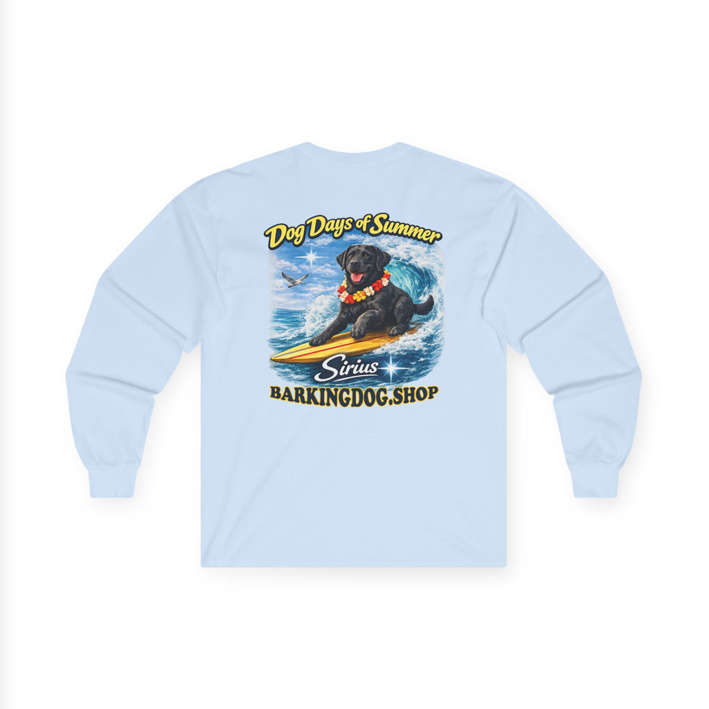 Black Labrador Dog Days of Summer Surfboard Long Sleeve T Shirt Beach Collection Surfing Dog Graphic Tee Wag On BarkingDog Shop