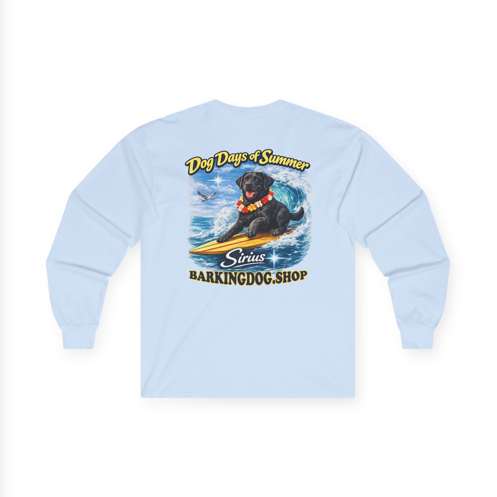 Black Labrador Dog Days of Summer Surfboard Long Sleeve T Shirt Beach Collection Surfing Dog Graphic Tee Wag On BarkingDog Shop