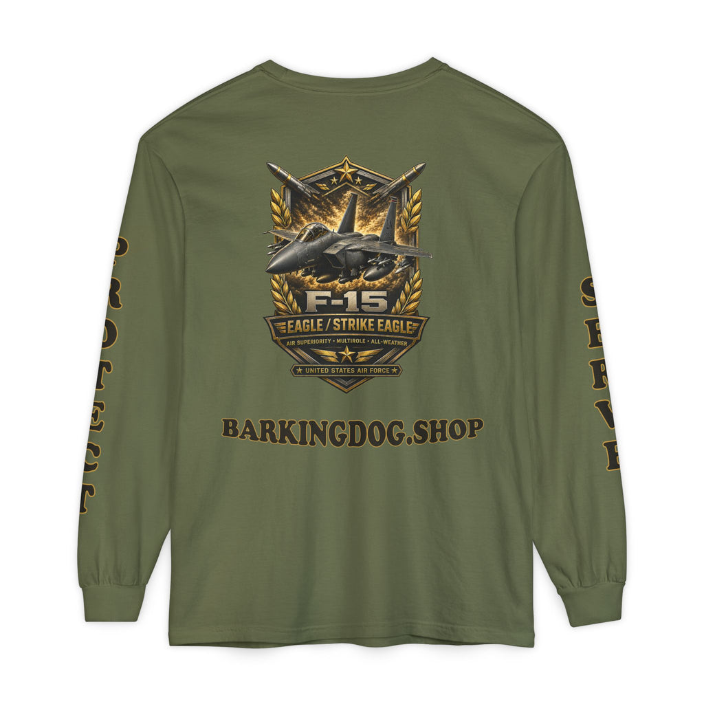 F-15 Strike Eagle Long Sleeve Tee — Barking Dog 'Wag On' Military Air Force Tribute