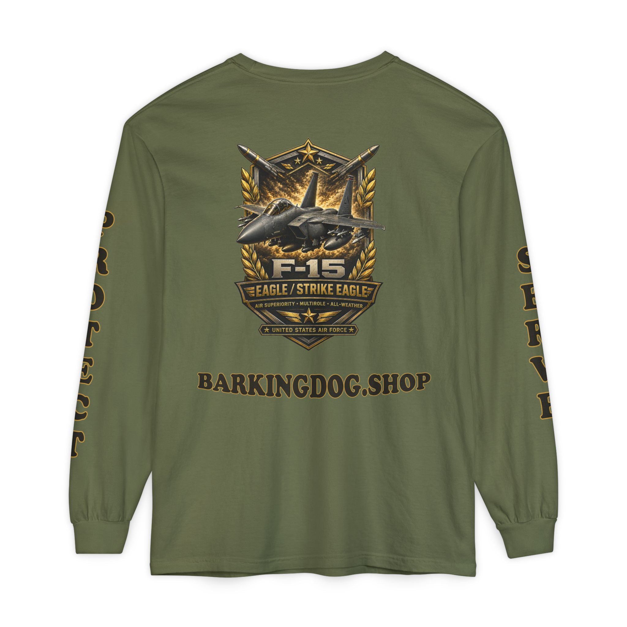 F-15 Strike Eagle Long Sleeve Tee — Barking Dog 'Wag On' Military Air Force Tribute