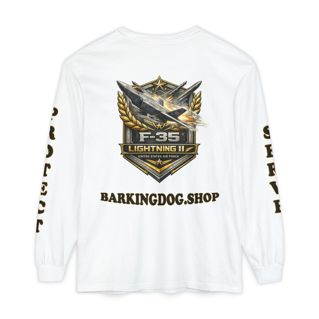 F-35 Lightning II Long Sleeve Tee — Barking Dog 'Wag On' Military Air Force Tribute
