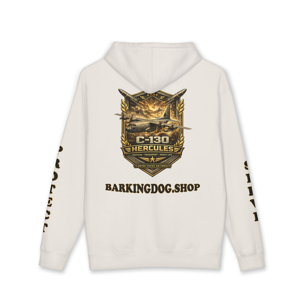 C-130 Hercules Tactical Transport Heavy Lift Airplane Hoodie — Barking Dog 'Wag On' Military Air Force Tribute
