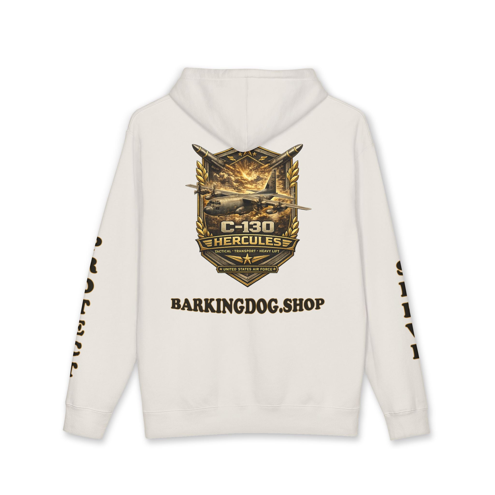 C-130 Hercules Tactical Transport Heavy Lift Airplane Hoodie — Barking Dog 'Wag On' Military Air Force Tribute