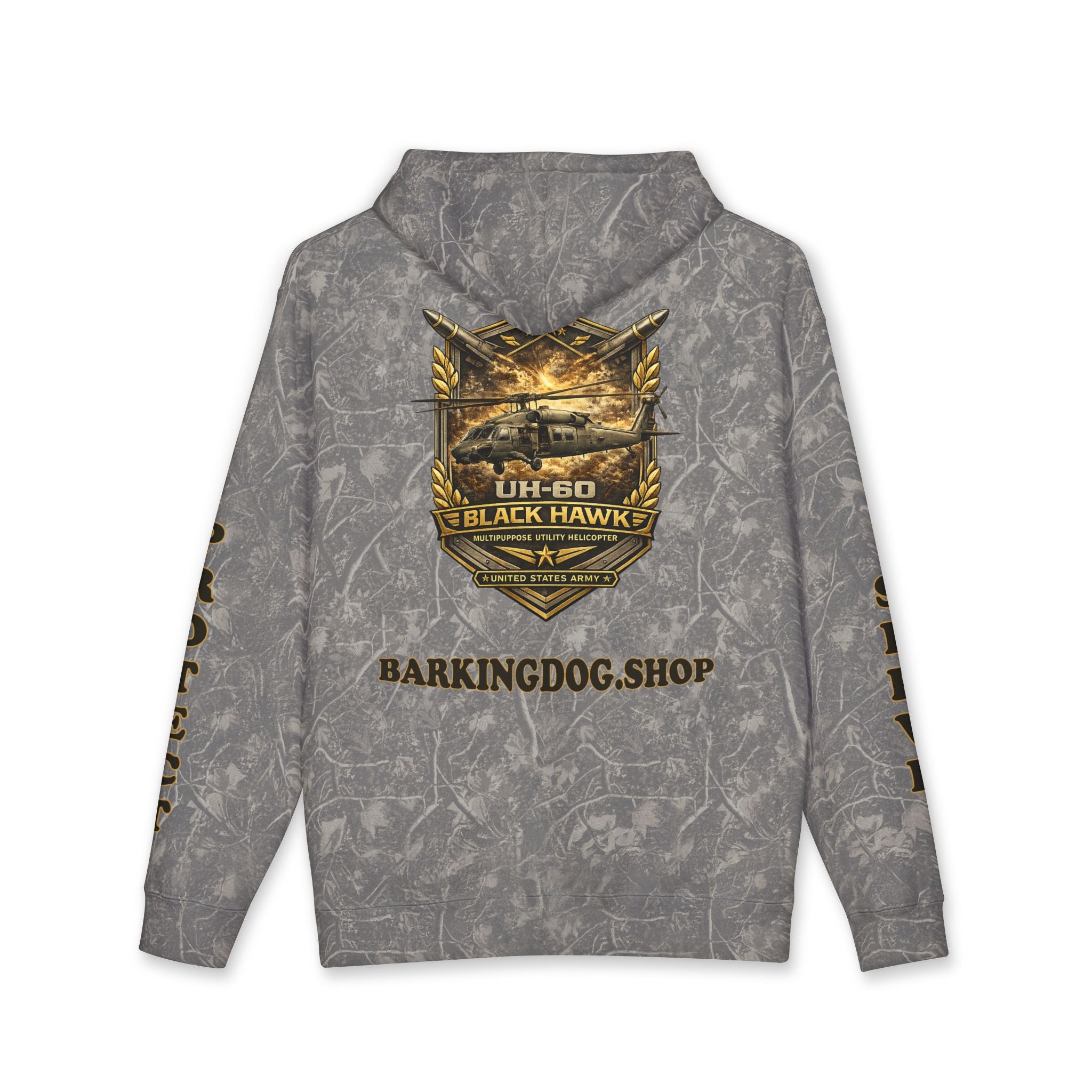 UH-60 Black Hawk Helicopter Hoodie — Barking Dog 'Wag On' Military Army Tribute