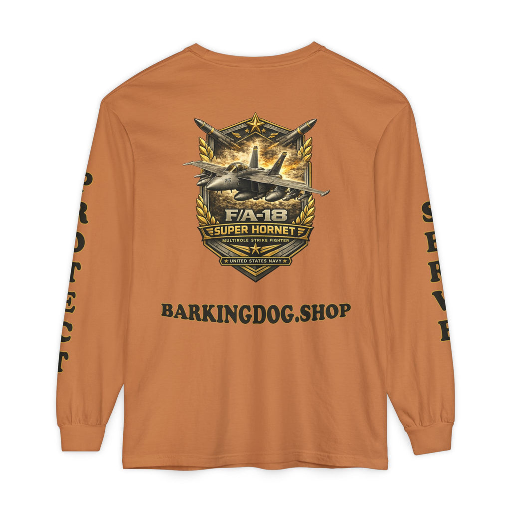 F/A-18 Super Hornet Long Sleeve Tee — Barking Dog 'Wag On' Military Navy Tribute