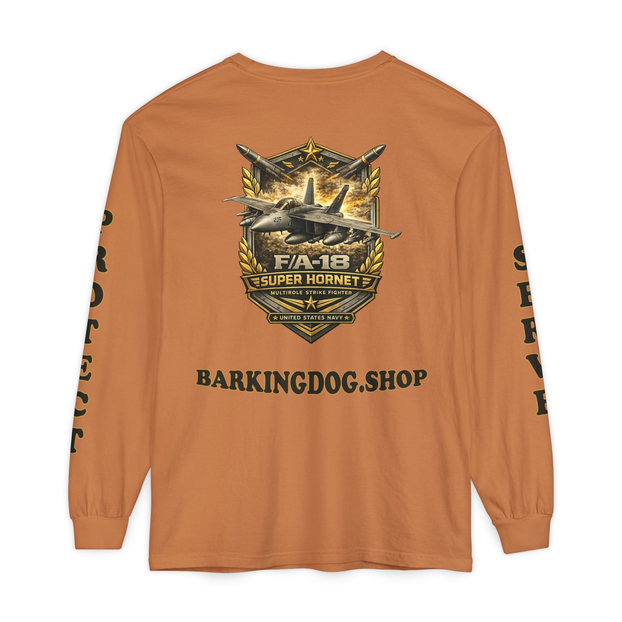 F/A-18 Super Hornet Long Sleeve Tee — Barking Dog 'Wag On' Military Navy Tribute