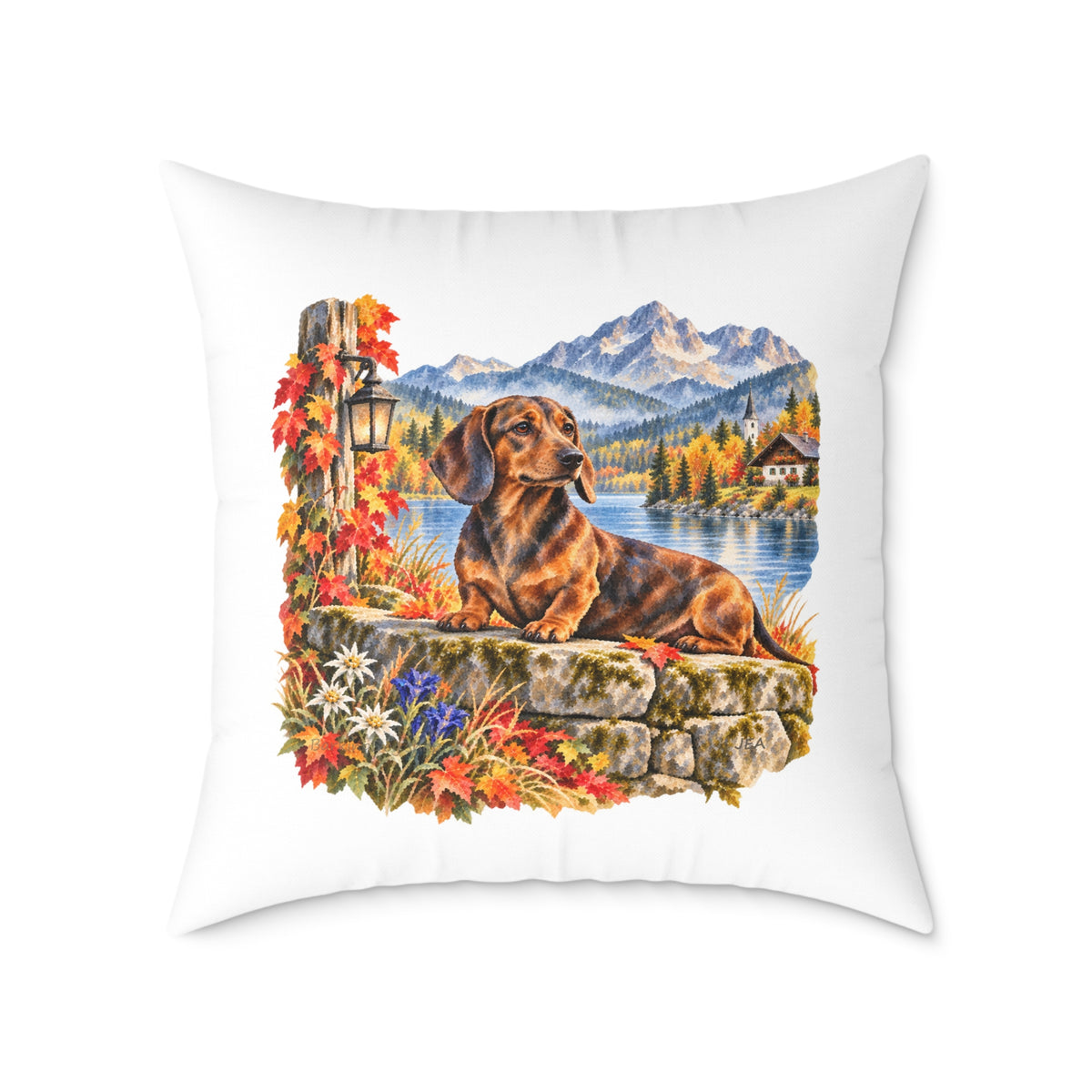 Dachshund Bavarian Alps Autumn Throw Pillow White Home Decor Collection Alpine Lake Dog Decor BarkingDog Shop