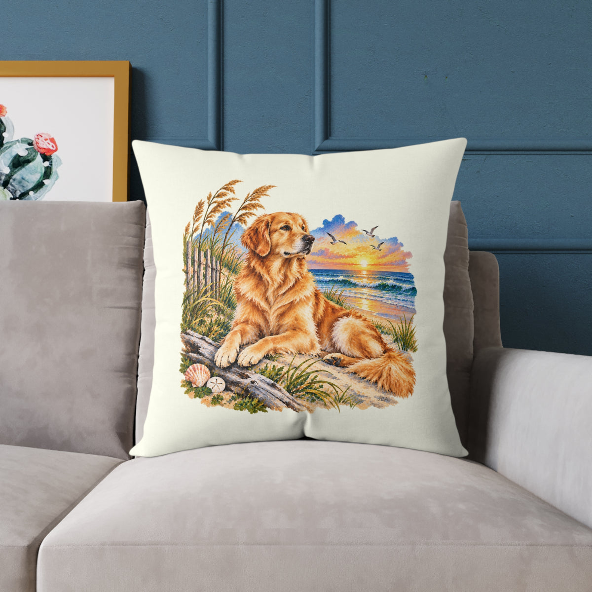 Golden Retriever Coastal North Carolina Sunrise Throw Pillow Ivory Home Decor Collection Beach Dog Decor BarkingDog Shop