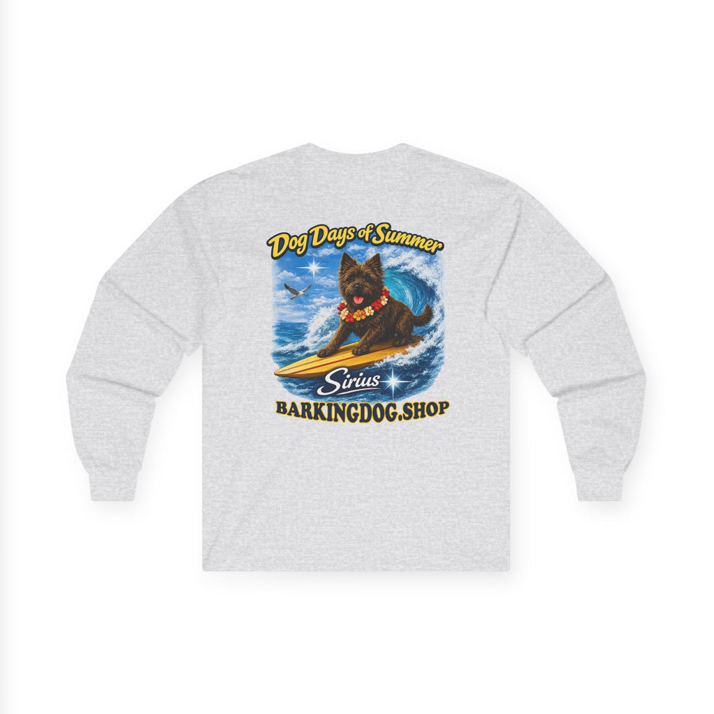Cairn Terrier Dog Days of Summer Surfboard Long Sleeve T Shirt Beach Collection Surfing Dog Graphic Tee Wag On BarkingDog Shop