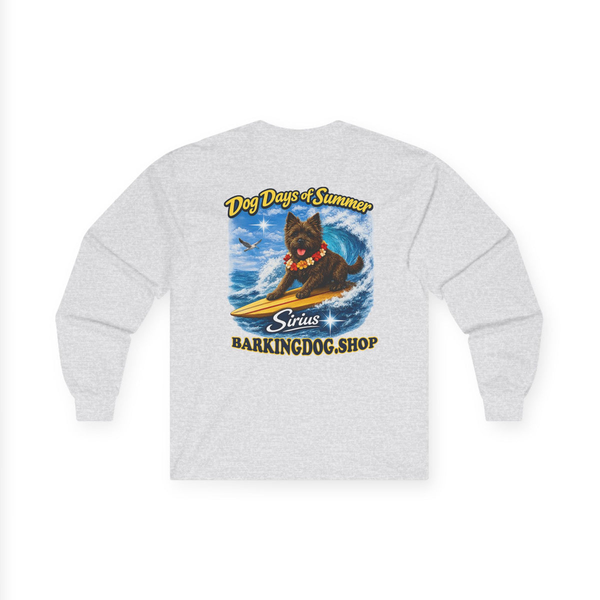 Cairn Terrier Dog Days of Summer Surfboard Long Sleeve T Shirt Beach Collection Surfing Dog Graphic Tee Wag On BarkingDog Shop