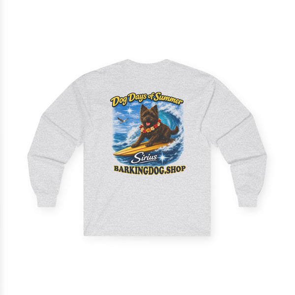 Cairn Terrier Dog Days of Summer Surfboard Long Sleeve T Shirt Beach Collection Surfing Dog Graphic Tee Wag On BarkingDog Shop