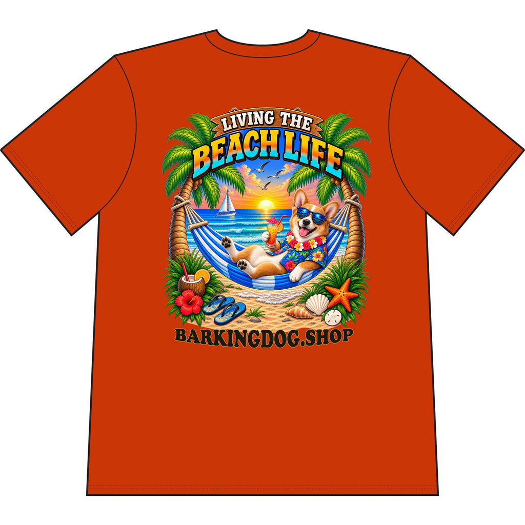 Pembroke Welsh Corgi Beach Life Canine T Shirt Beach Collection Living the Beach Life Tropical Graphic Tee Wag On BarkingDog Shop