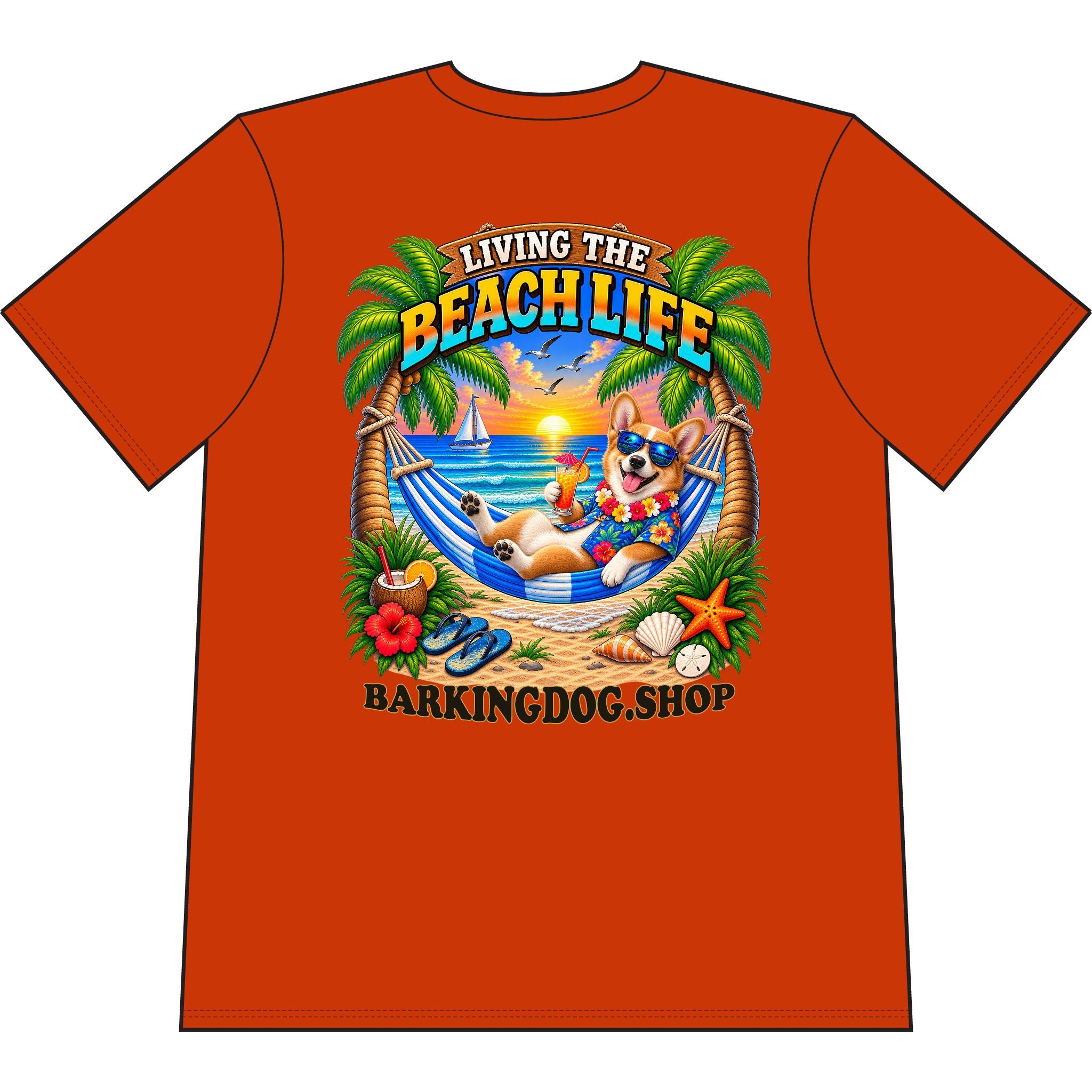 Pembroke Welsh Corgi Beach Life Canine T Shirt Beach Collection Living the Beach Life Tropical Graphic Tee Wag On BarkingDog Shop