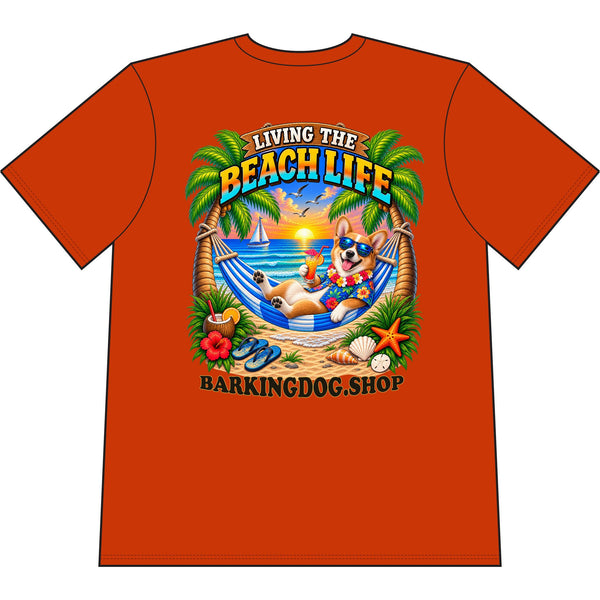 Pembroke Welsh Corgi Beach Life Canine T Shirt Beach Collection Living the Beach Life Tropical Graphic Tee Wag On BarkingDog Shop