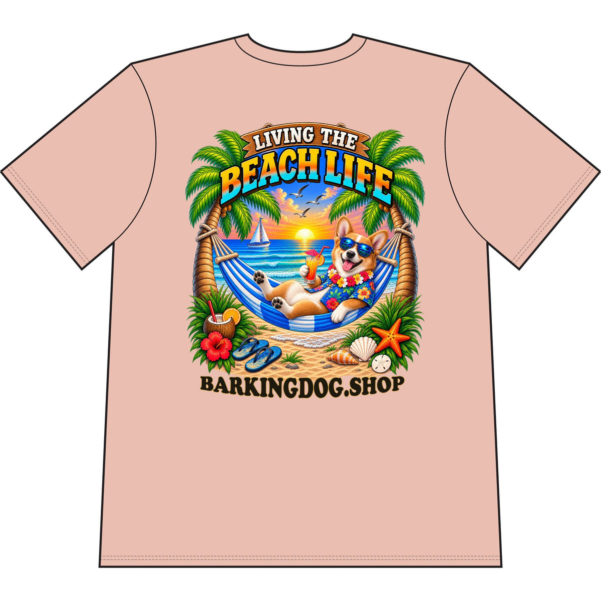 Pembroke Welsh Corgi Beach Life Canine T Shirt Beach Collection Living the Beach Life Tropical Graphic Tee Wag On BarkingDog Shop