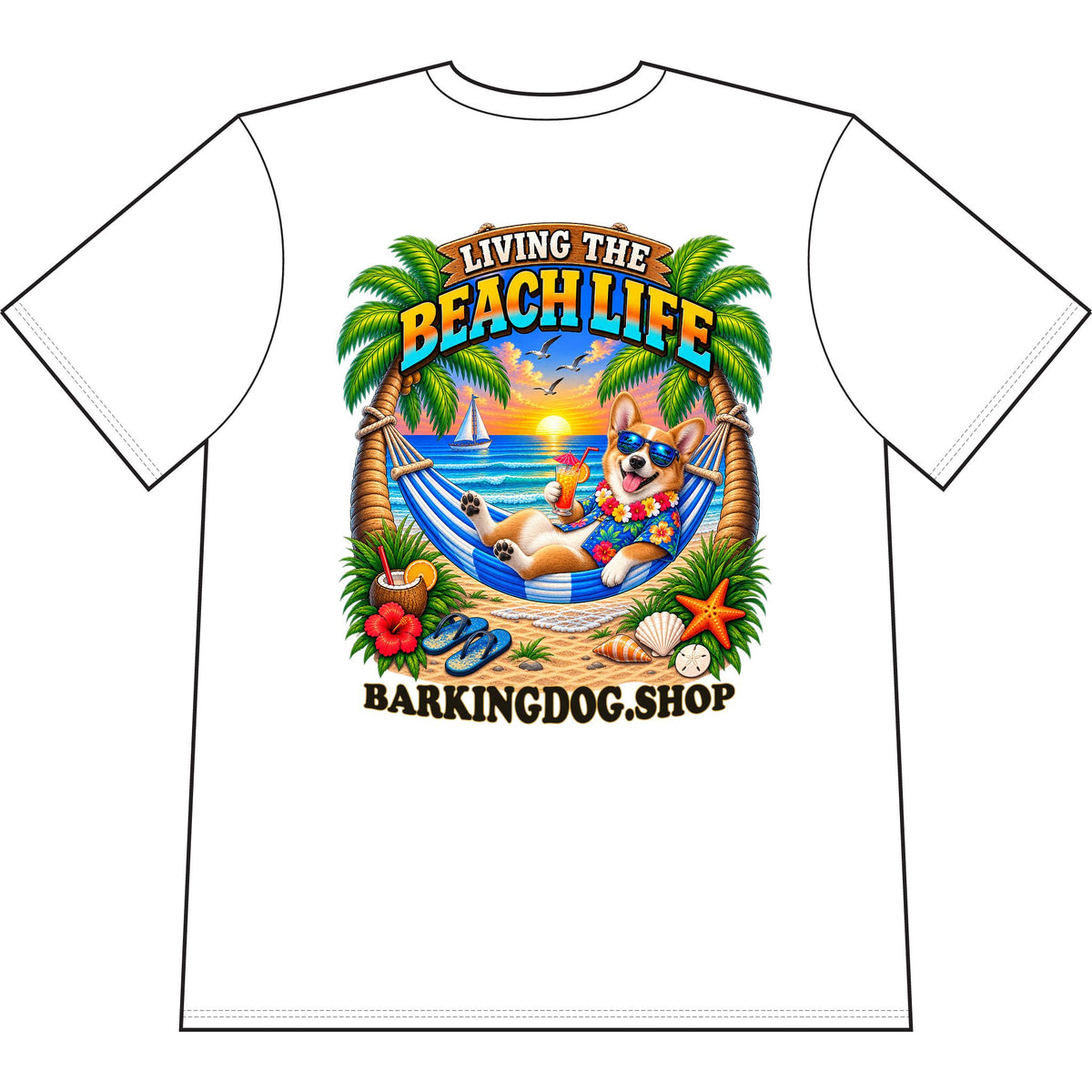 Pembroke Welsh Corgi Beach Life Canine T Shirt Beach Collection Living the Beach Life Tropical Graphic Tee Wag On BarkingDog Shop