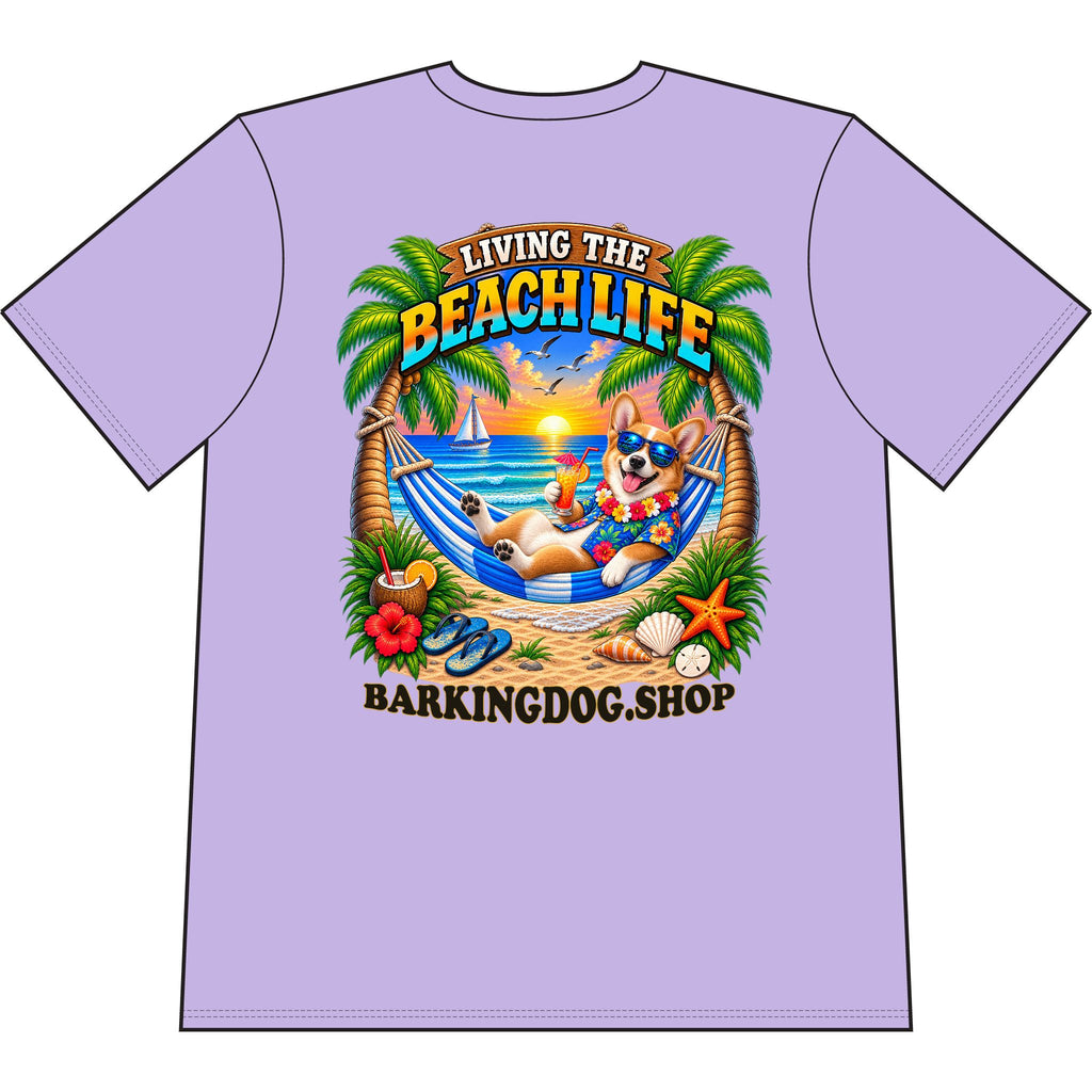 Pembroke Welsh Corgi Beach Life Canine T Shirt Beach Collection Living the Beach Life Tropical Graphic Tee Wag On BarkingDog Shop