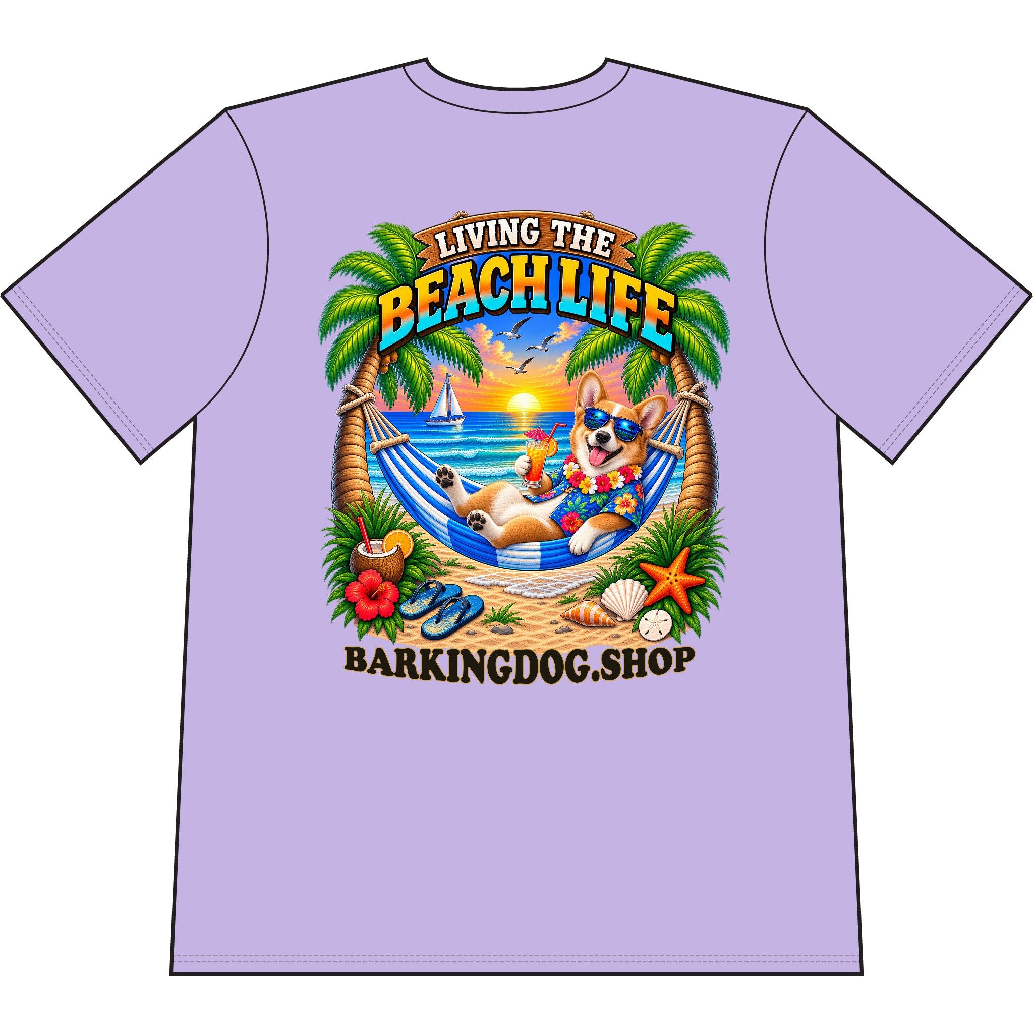 Pembroke Welsh Corgi Beach Life Canine T Shirt Beach Collection Living the Beach Life Tropical Graphic Tee Wag On BarkingDog Shop