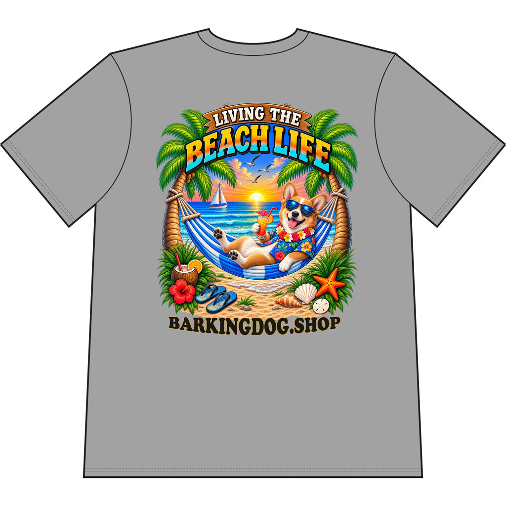 Pembroke Welsh Corgi Beach Life Canine T Shirt Beach Collection Living the Beach Life Tropical Graphic Tee Wag On BarkingDog Shop