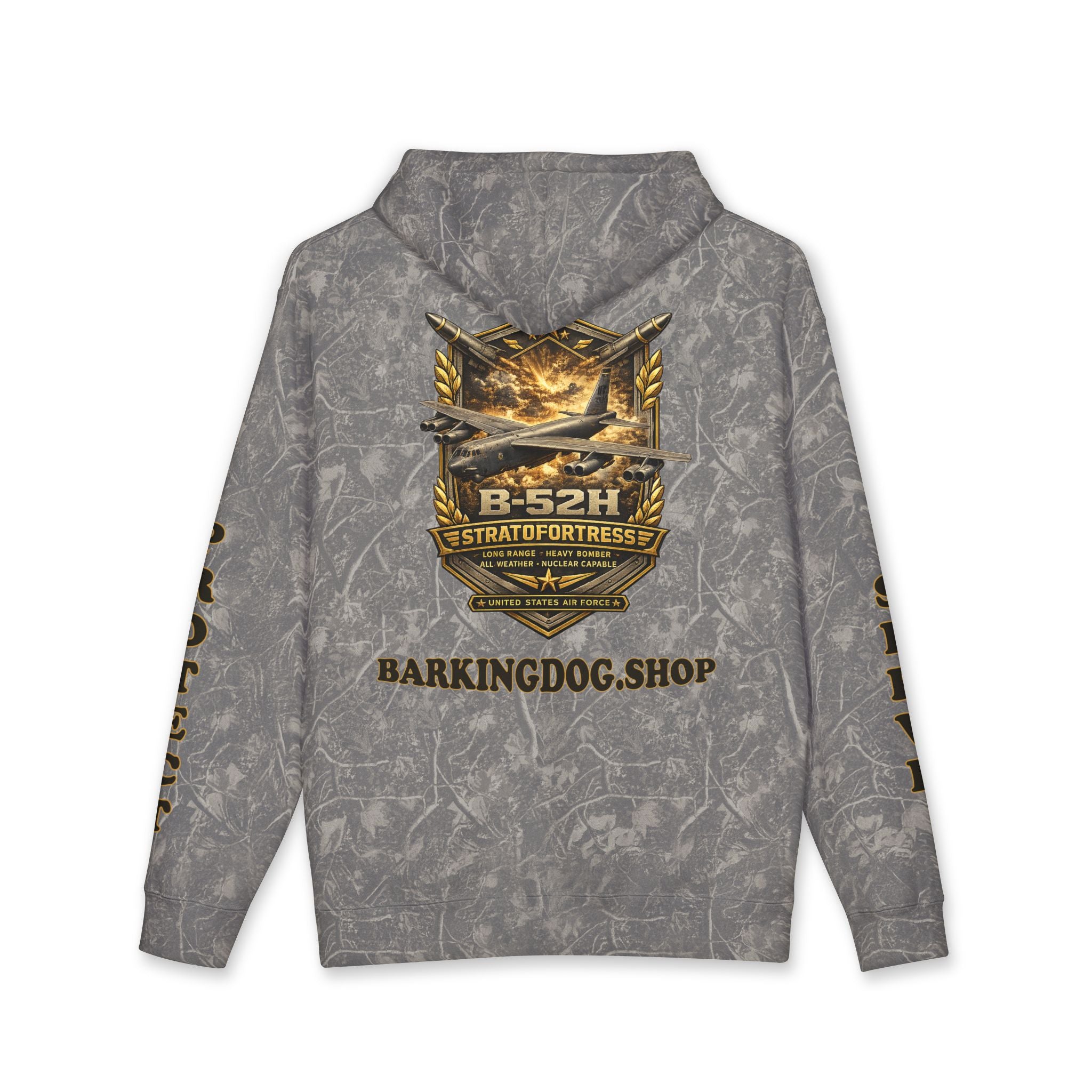 B-52H Stratofortress Heavy Bomber Airplane Hoodie — Barking Dog 'Wag On' Military Air Force Tribute