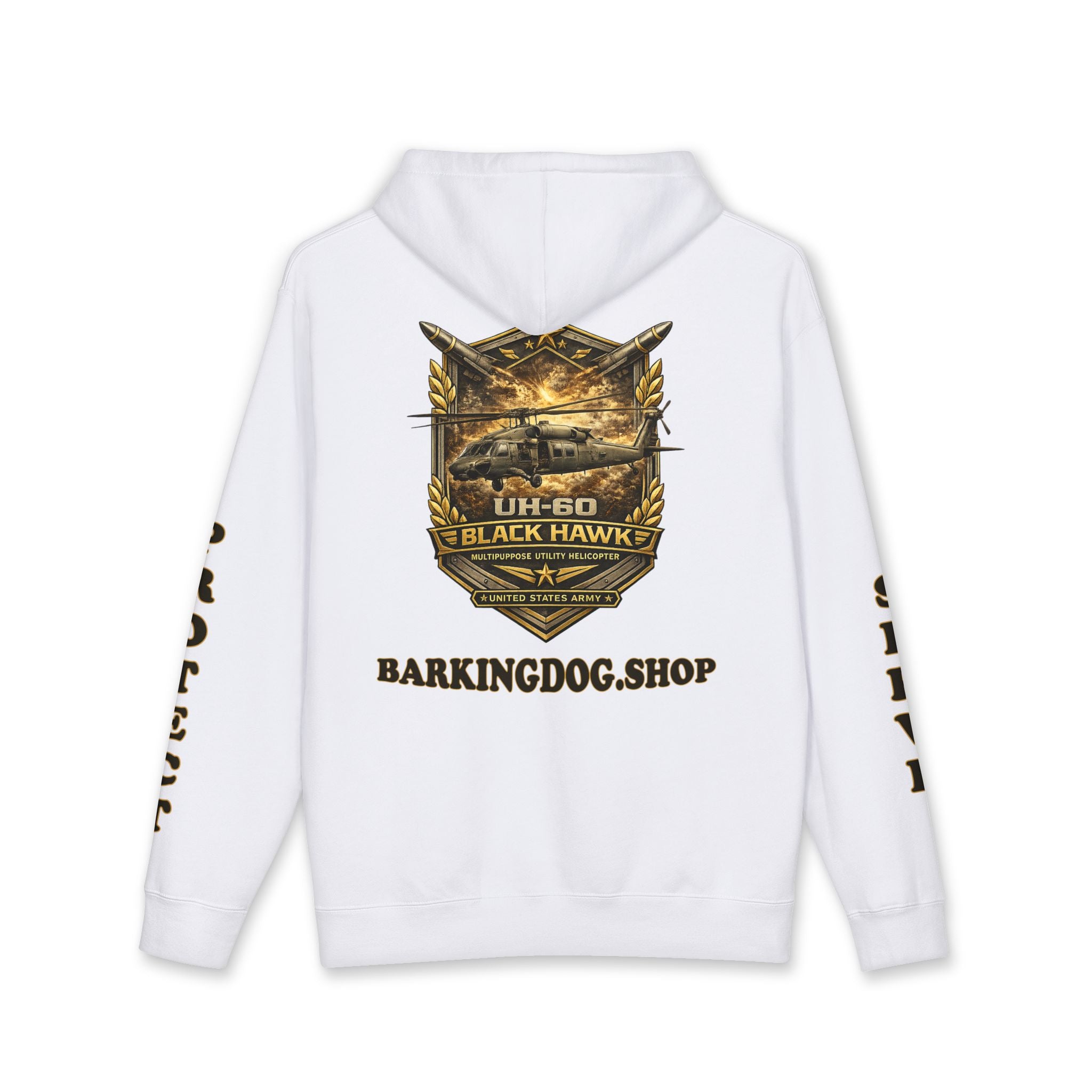 UH-60 Black Hawk Helicopter Hoodie — Barking Dog 'Wag On' Military Army Tribute
