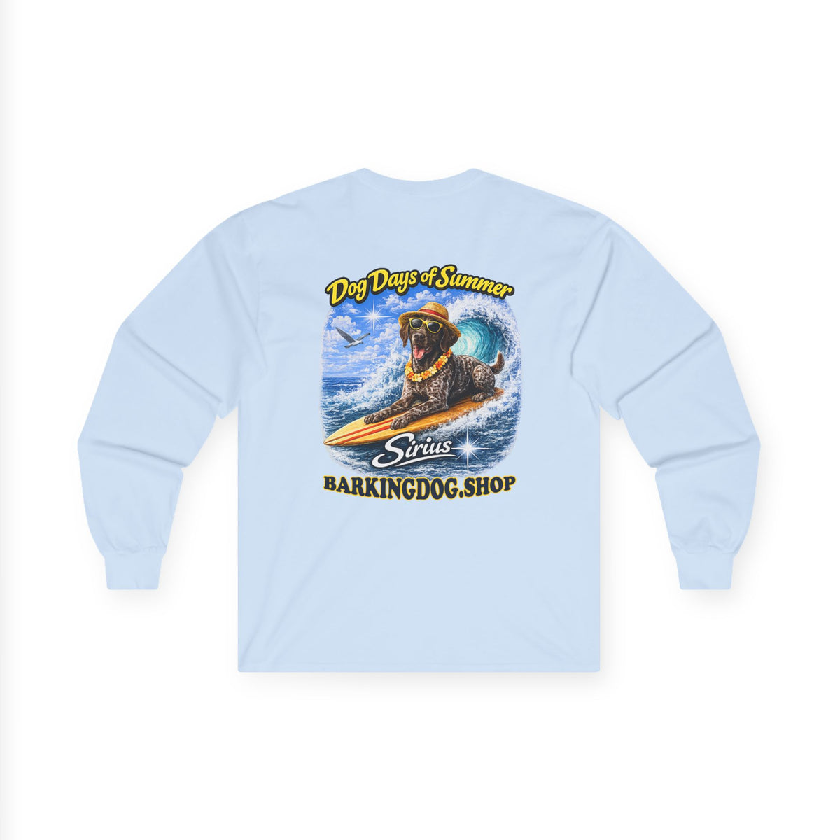 German Shorthaired Pointer Dog Days of Summer Surfboard Long Sleeve T Shirt Beach Collection Surfing Dog Graphic Tee Wag On BarkingDog Shop
