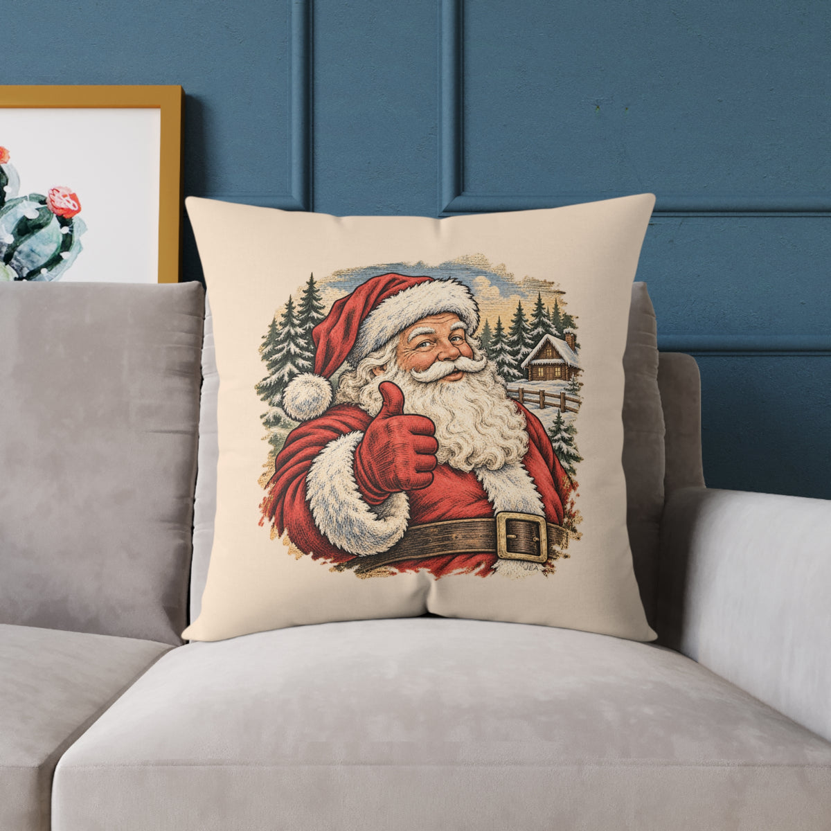Santa Thumbs Up Woodcut Relief Throw Cushion Warm Peach Holiday Decoration BarkingDog Shop