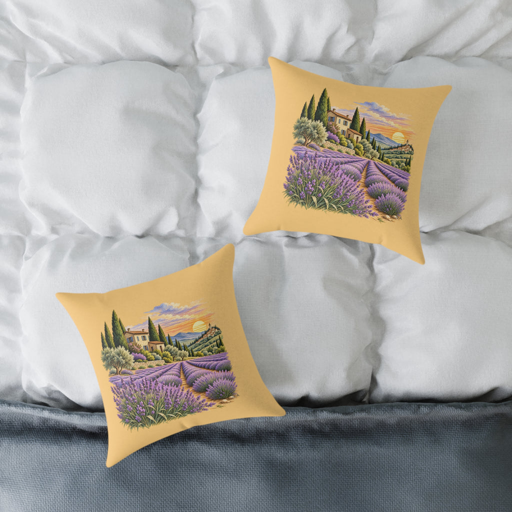 Lavender Fields Woodcut Relief Throw Pillow Warm Beige Floral Landscape Home Decor BarkingDog Shop