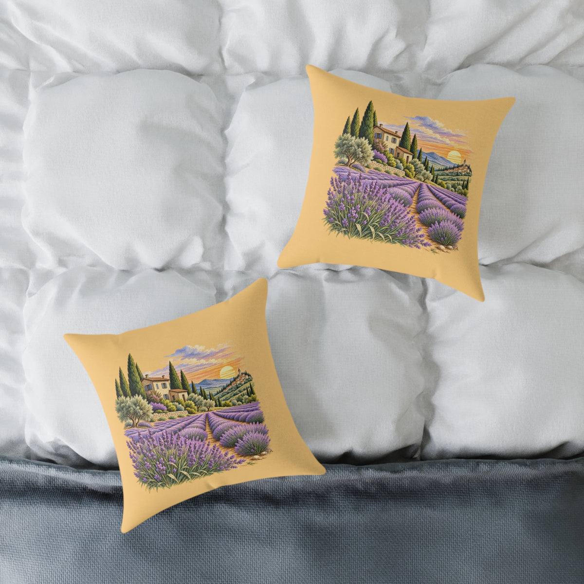 Lavender Fields Woodcut Relief Throw Pillow Warm Beige Floral Landscape Home Decor BarkingDog Shop