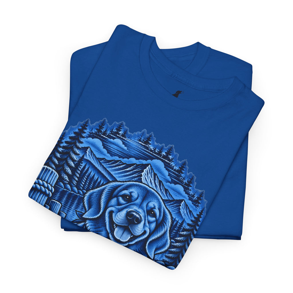 Golden Retriever Mountain Lake Wildlife Woodcut Tee Blue Outdoor Canine Graphic T-Shirt BarkingDog Shop