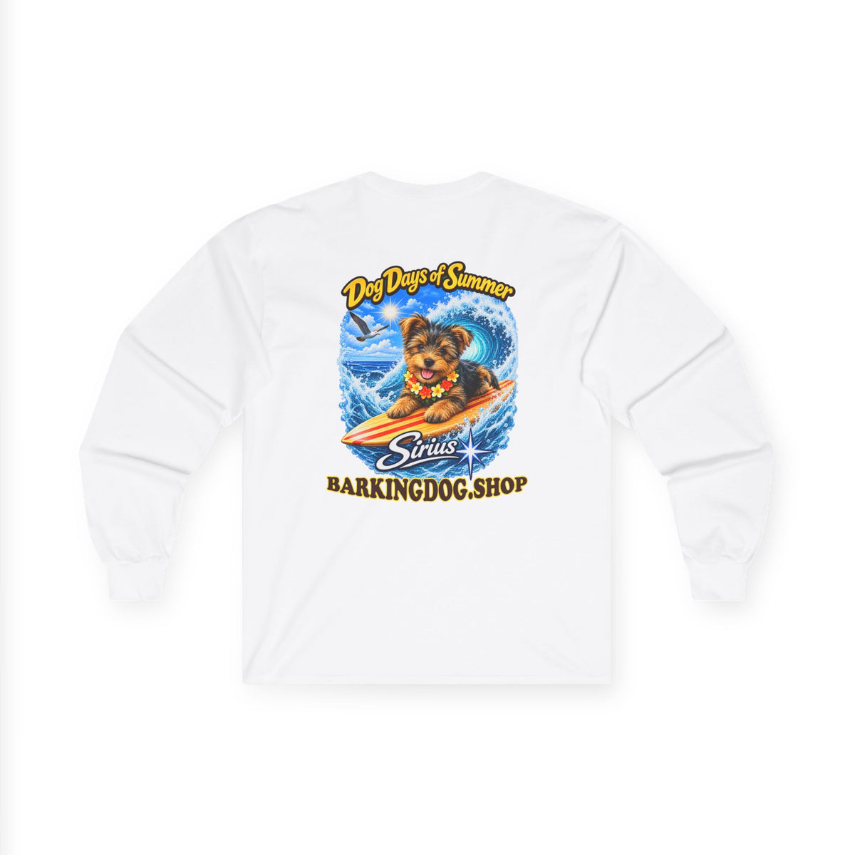 Yorkshire Terrier Surfboard Long Sleeve T Shirt Dog Days of Summer Beach Collection Wag On BarkingDog Shop