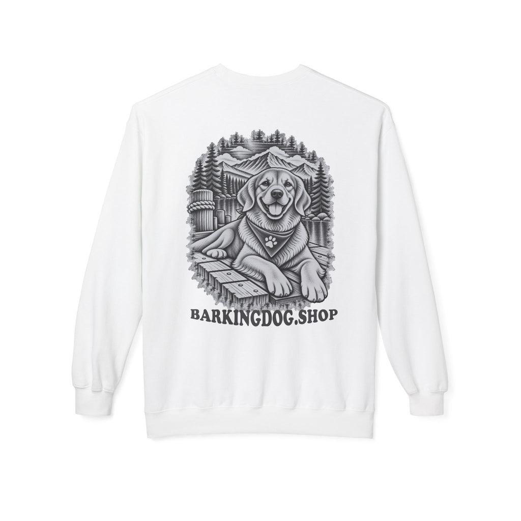 Golden Retriever Mountain Lake Wildlife Woodcut Crewneck Sweatshirt WHITE Outdoor Dog Lover Apparel BarkingDog Shop