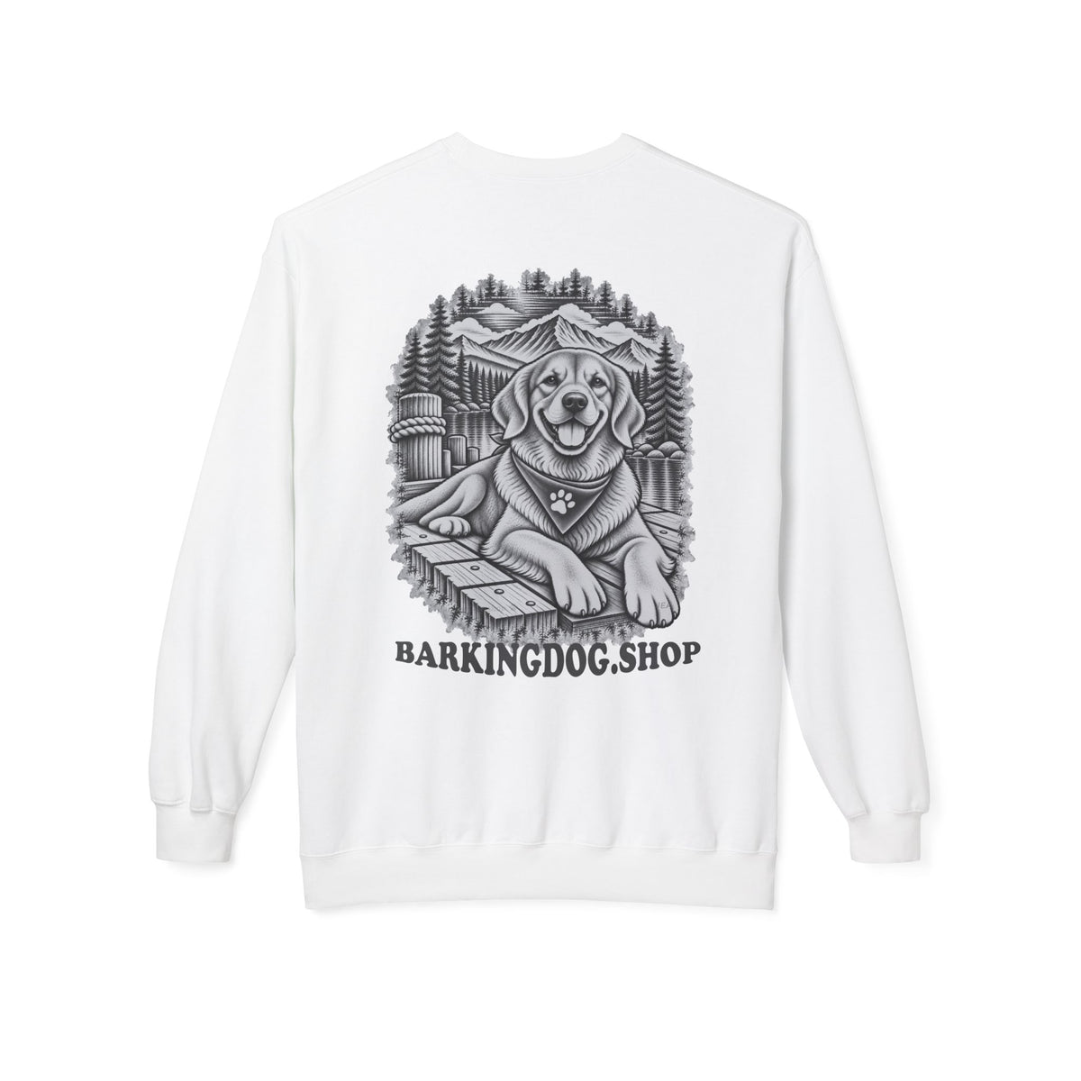 Golden Retriever Mountain Lake Wildlife Woodcut Crewneck Sweatshirt WHITE Outdoor Dog Lover Apparel BarkingDog Shop