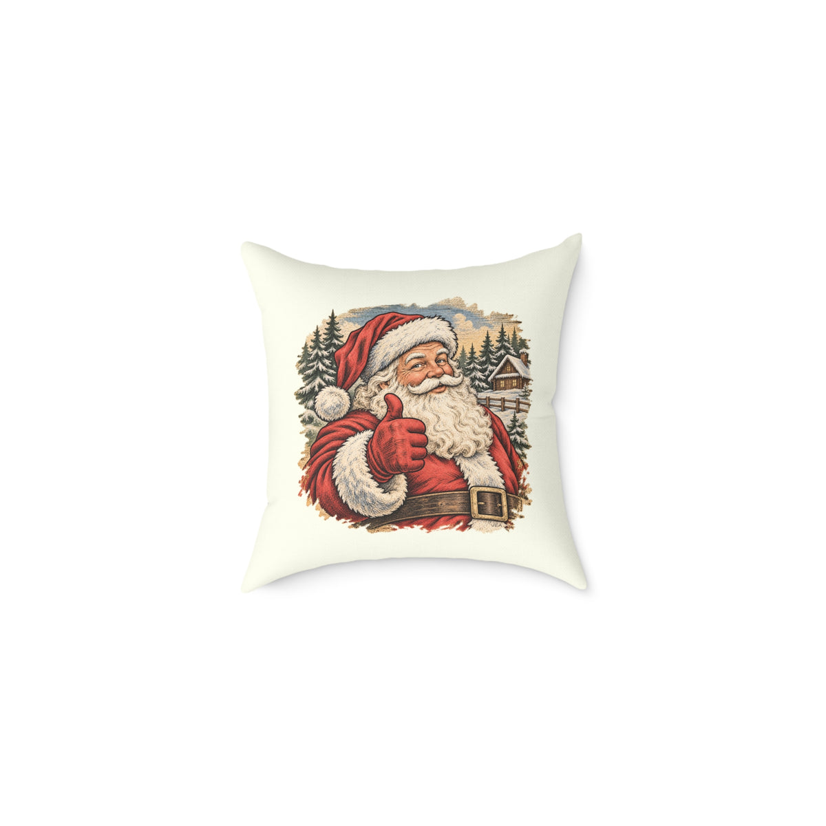 Santa Thumbs Up Woodcut Relief Throw Cushion Ivory Holiday Decoration BarkingDog Shop