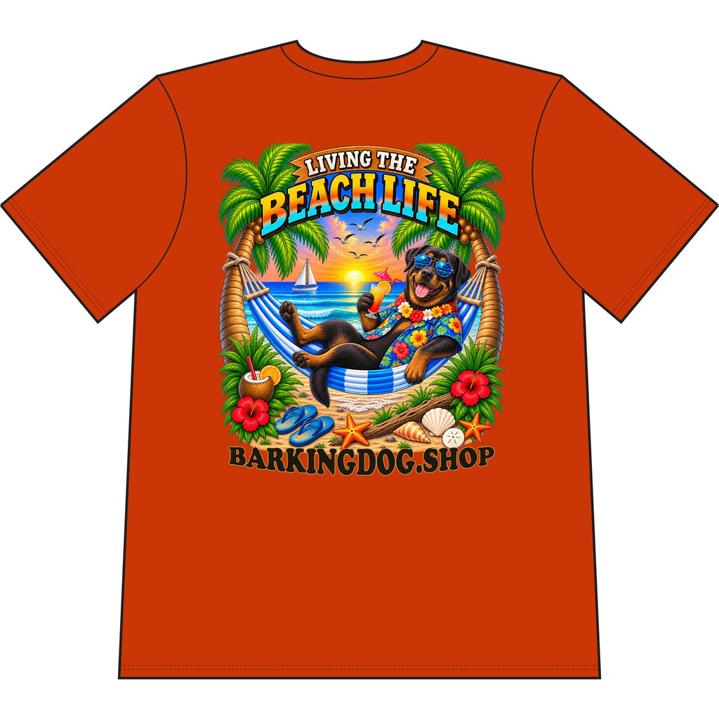 Rottweiler Beach Life Canine T Shirt Beach Collection Living the Beach Life Tropical Graphic Tee Wag On BarkingDog Shop