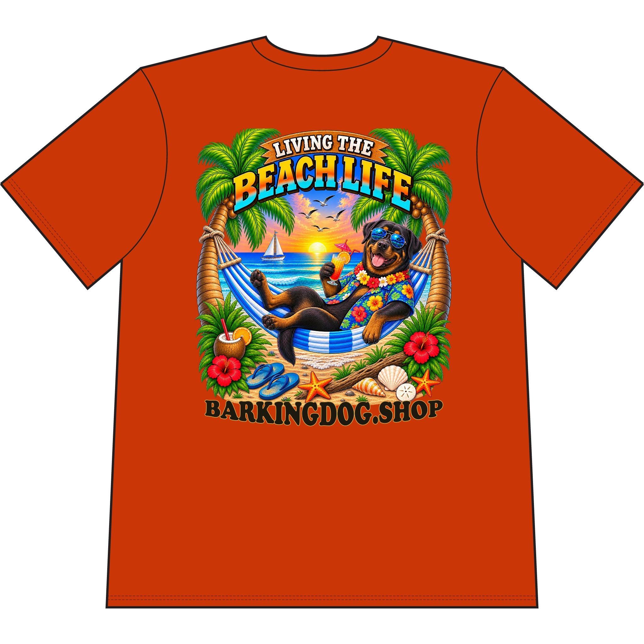 Rottweiler Beach Life Canine T Shirt Beach Collection Living the Beach Life Tropical Graphic Tee Wag On BarkingDog Shop