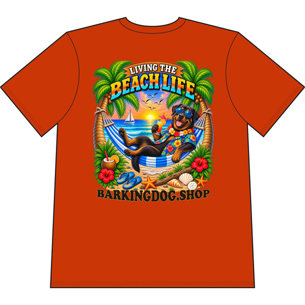Rottweiler Beach Life Canine T Shirt Beach Collection Living the Beach Life Tropical Graphic Tee Wag On BarkingDog Shop