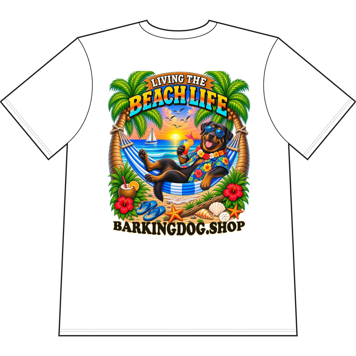 Rottweiler Beach Life Canine T Shirt Beach Collection Living the Beach Life Tropical Graphic Tee Wag On BarkingDog Shop