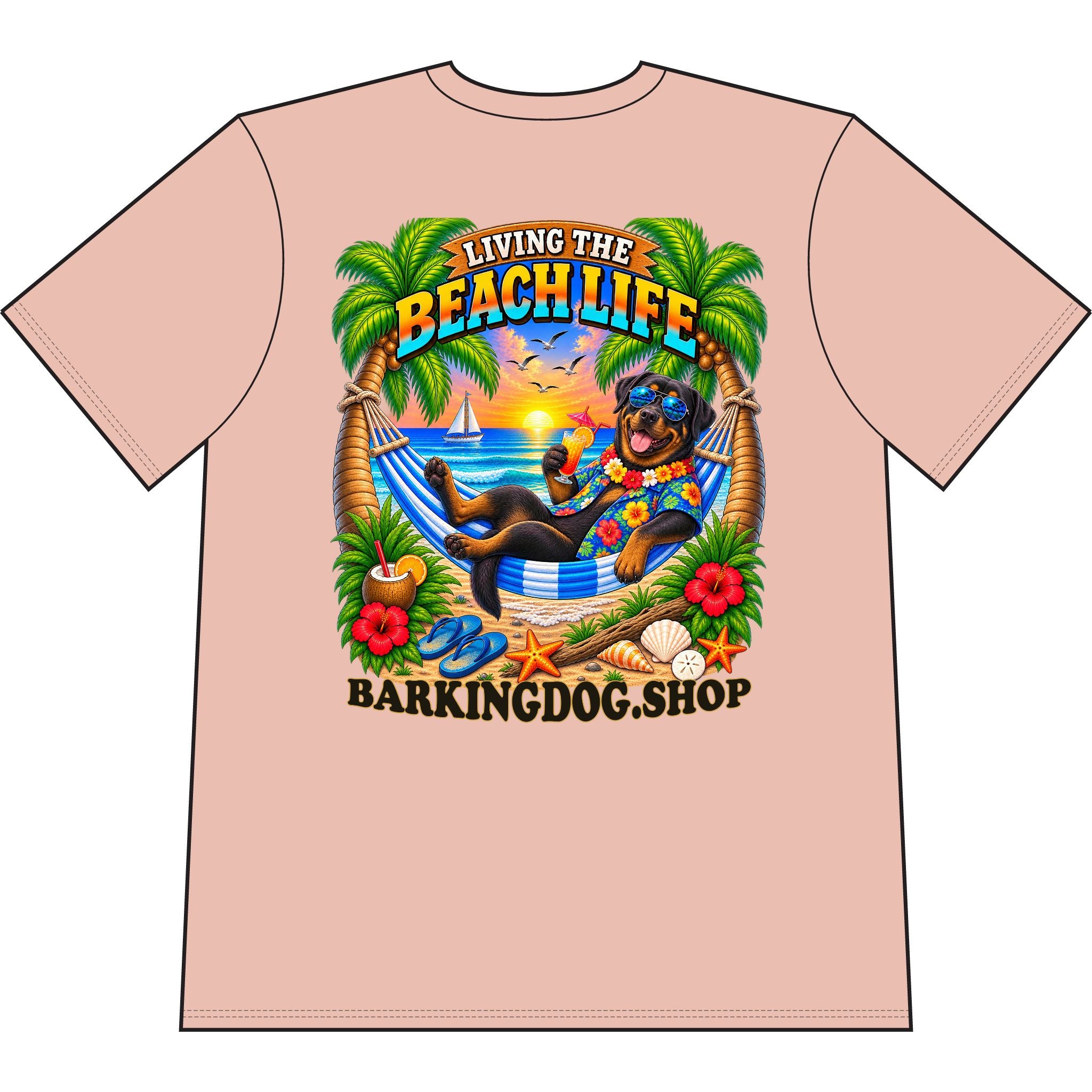 Rottweiler Beach Life Canine T Shirt Beach Collection Living the Beach Life Tropical Graphic Tee Wag On BarkingDog Shop